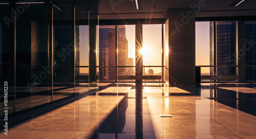 Empty luxury modern office interior large floor length windows reflecting sunlight dramatic shadows polished marble surface stunning highrise city view
