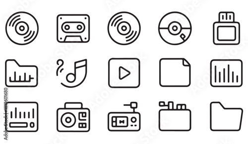 Thin line symbols for music, data storage, media playback and digital archive interface