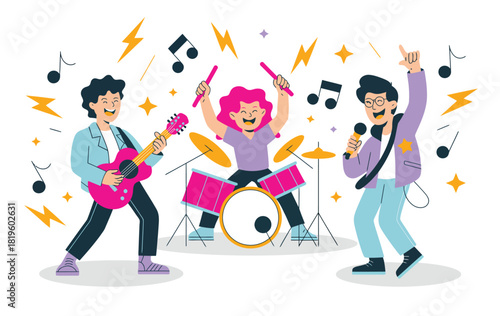 Funny Kids Rock Band Performing Live With Child Guitarist, Drummer, and Singer Using Colorful Musical Instruments in a Cheerful Entertainment Scene Illustrated in a Playful Cartoon Vector Style