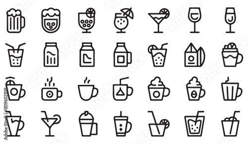 Minimalist beverage icon collection showing hot and cold drinks, alcohol and refreshments