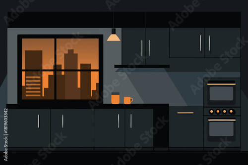 Kitchen interior at dusk