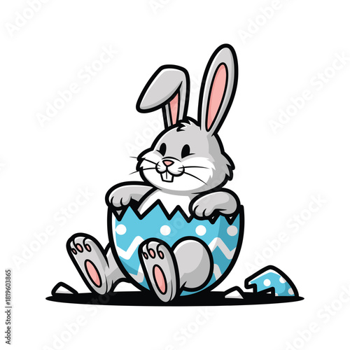 Cute Easter Bunny Emerging from a Cracked Egg