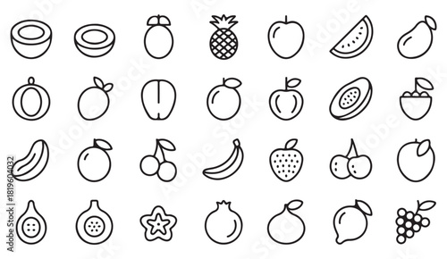 Outline icons of assorted fruits such as pineapple, kiwi, grape and citrus ideal for menu or packaging design