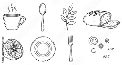 Hand drawn breakfast still life with coffee and bread