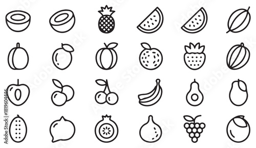 Thin line fruit icon collection including watermelon, strawberry, banana and tropical produce for healthy food design