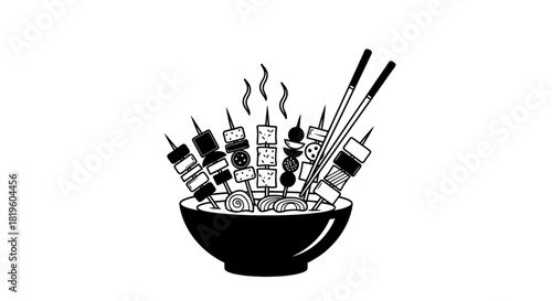 Vector illustration of asian street food skewers in a bowl with chopsticks