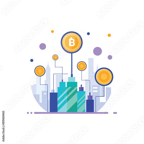 Bitcoin cryptocurrency network over cityscape illustration digital finance modern technology
