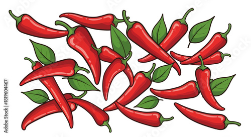 Vector illustration of red hot chili peppers with green leaves, scattered and