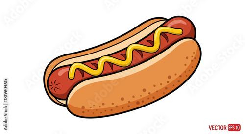Vector illustration of classic hot dog with mustard in a bun