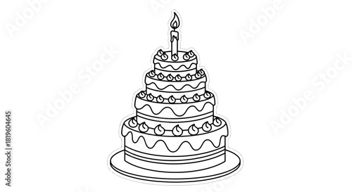 Vector illustration of outline drawing of a tiered birthday cake with a lit candle, white