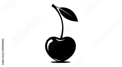 Vector illustration of black silhouette of a single cherry with stem and leaf