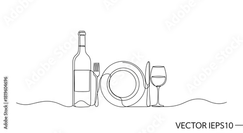 Vector illustration of continuous line drawing of a dining table setting with wine bottle and glass