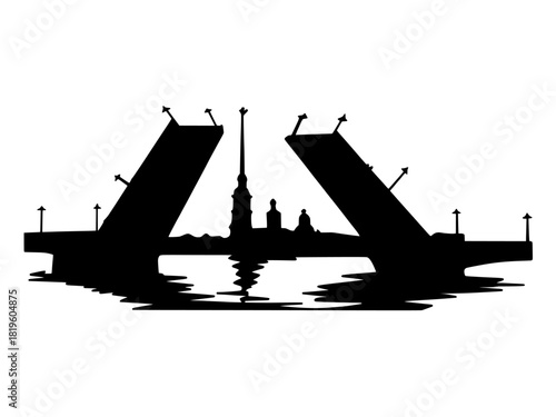 Silhouette of Saint Petersburg Palace Bridge raised over the Neva River, featuring the iconic spire skyline, bridge reflection and atmospheric night cityscape.