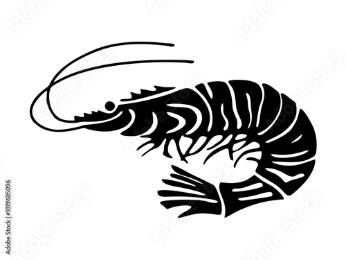 Black and white shrimp silhouette vector ideal for tattoos, logos, stencils, and seafood branding. Monochrome prawn design for print, apparel, and digital use.