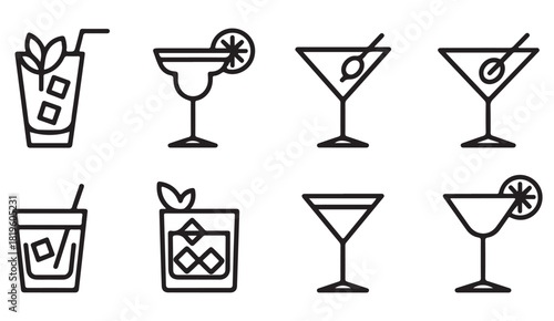Minimalist thin line alcoholic drink symbols showing refreshing summer beverages and party mood