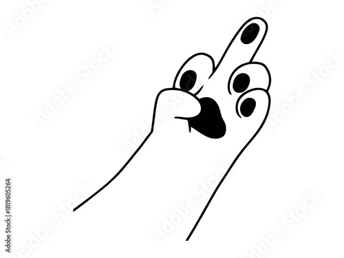 Black and white cartoon middle finger paw illustration with playful, minimalist line-art. Humorous, edgy vector-style hand gesture perfect for stickers, memes, and bold designs.
