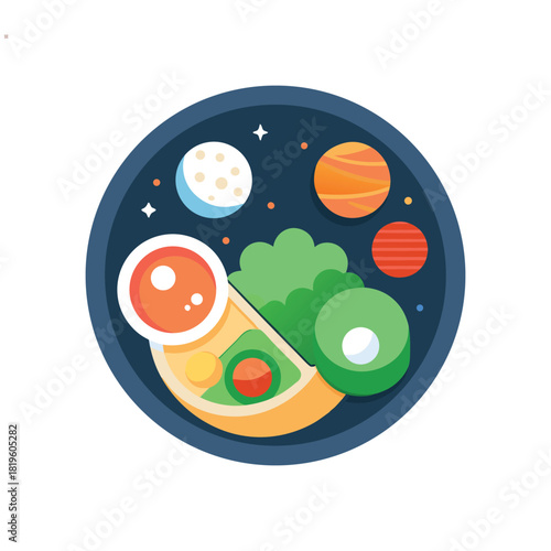 Cosmic Salad Bowl with Planets Moon and Fresh Ingredients Art Illustration