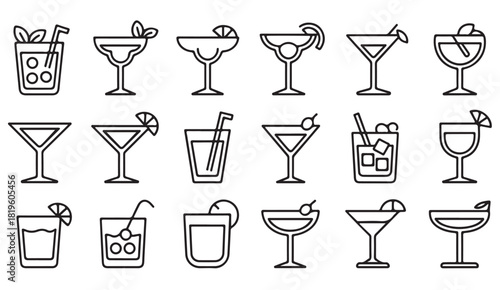 Line icons of cocktails and alcoholic beverages with lemon slices and ice for party and bar concepts