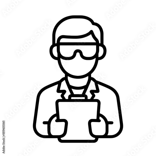 Fine line lab technician icon with safety gear and clipboard, ideal for experimental supervision, laboratory team visuals and research documentation tools