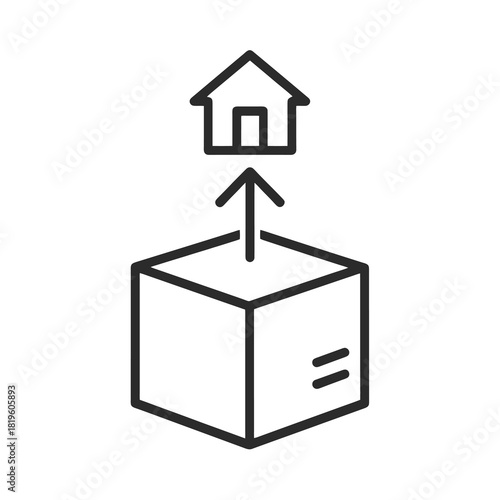 Fine line moving box icon symbolizing relocation and home transfer, ideal for real estate transition visuals, rental turnover and homeowner logistics