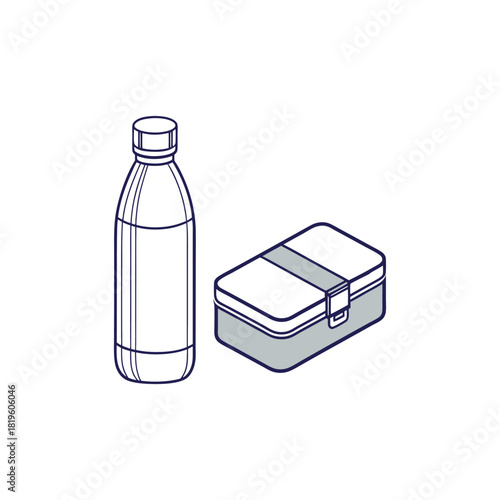 Illustration of Water Bottle and Lunch Box Outline on White Background