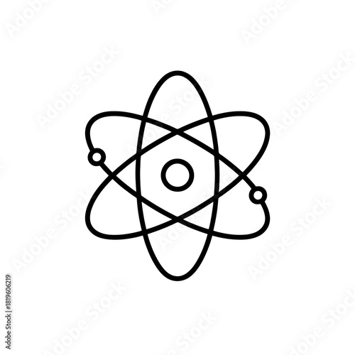 Fine line atom icon in minimalist black outline, symbolizing science education and STEM learning, ideal for school subject visuals and academic platform design