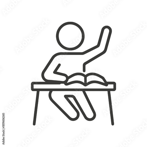Fine line student participation icon, showing learner raising hand at desk with book, ideal for classroom visuals, academic engagement and educational platform resources