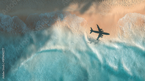 An airplane flying low over a beach near the ocean