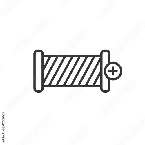 Fine line thread bobbin icon with tension detail, minimalist black outline representing sewing machine component, ideal for tailoring equipment visuals and textile workflow resources