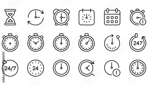 Collection of business time management icons including stopwatch, calendar, and countdown symbols