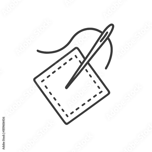 Fine line sewing needle passing through fabric icon, minimalist black outline representing hand stitching, ideal for tailoring, textile repair and crafting visuals