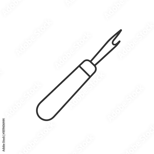 Fine line seam ripper icon, minimalist black outline showing tool for removing stitches, ideal for tailoring correction, garment repair and sewing toolkit visuals