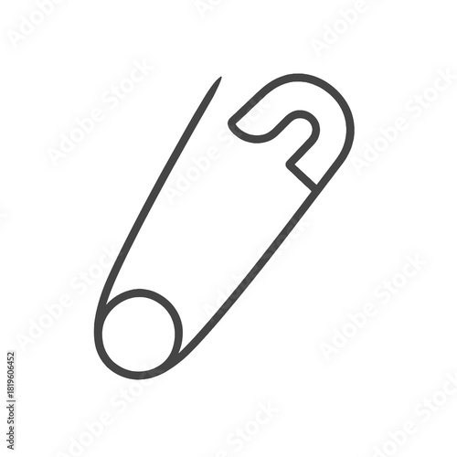 Fine line safety pin icon in open position, minimalist black outline representing fastening tool, ideal for sewing kits, garment fixing and fashion vector resources