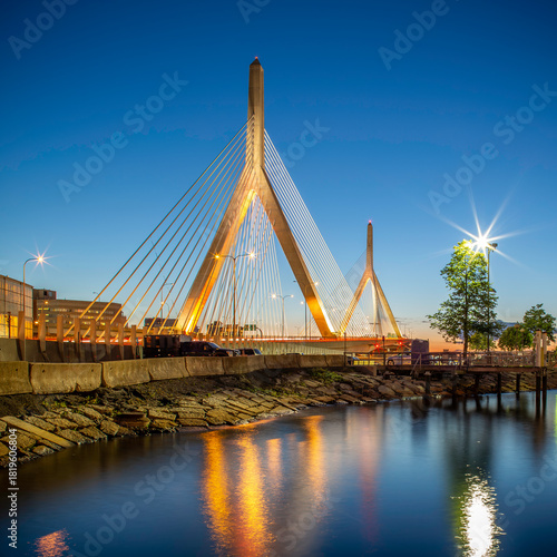 The iconic Zakim Bridge at sunset in Boston, Massachusetts, USA.