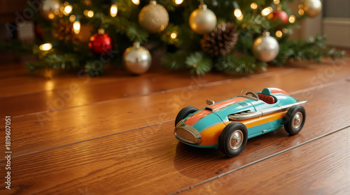 Spielzeugauto Retro-Rennwagen vor Weihnachtsbaum mit Lichtern auf Holzboden