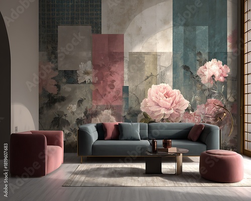 Elegant living room featuring a large floral mural and modern furniture in a chic interior design