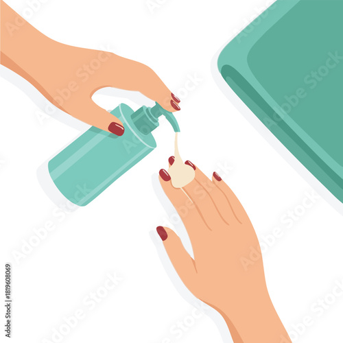 A person dispenses a small amount of lotion from a turquoise pump bottle onto another hand placed on a white surface during a self-care routine