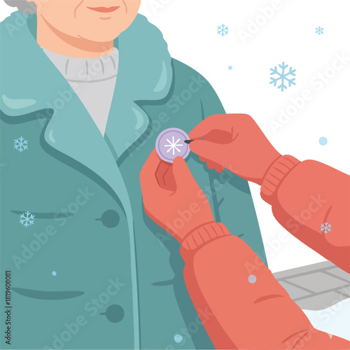An illustrated scene shows gloved hands pinning a winter-themed badge onto a coat, symbolizing care, recognition, and seasonal support