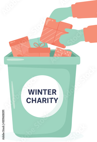 Hands place wrapped gifts into a pastel green “Winter Charity” donation bin decorated with a seasonal theme
