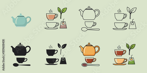 Collection of stylized tea set icons in various colors and styles vactor teapot spoon