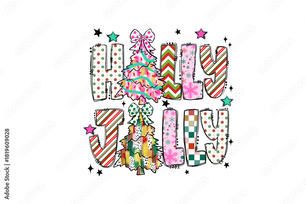 Obraz premium Festive 'Holly Jolly' with Mixed Patterns Christmas Sublimation Design 