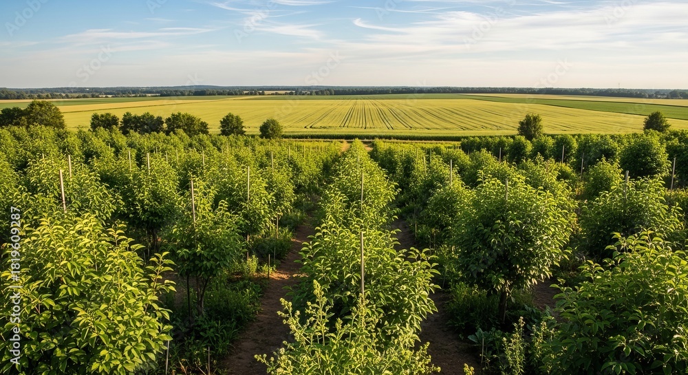 Obraz premium Aerial view of a lush green orchard with rows of trees and a golden field in the background under a blue sky