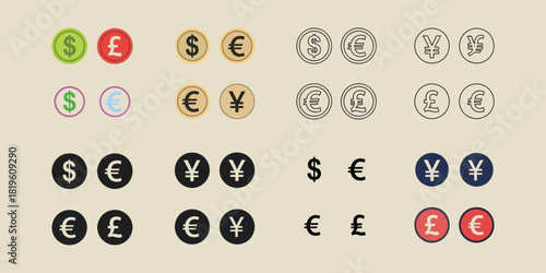 Collection of currency symbols dollar euro pound yen in various styles and colors vactor