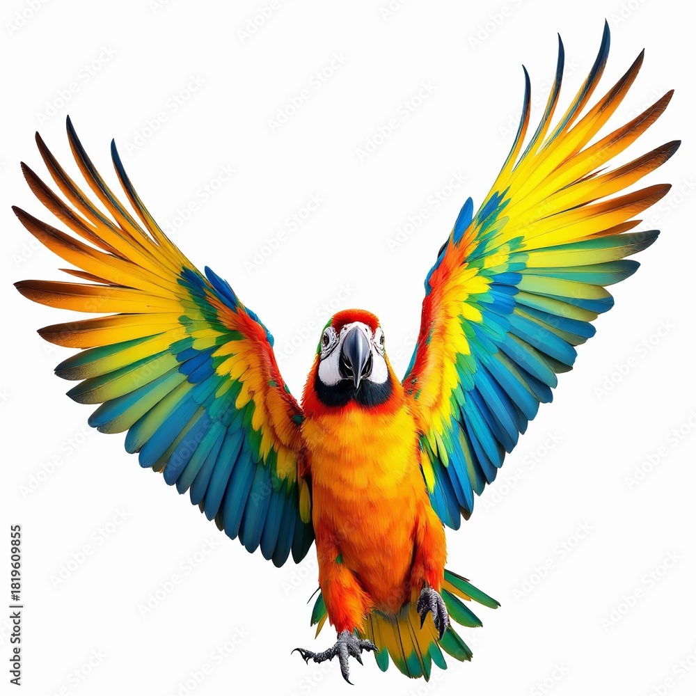 Fototapeta premium A colorful macaw parrot with wings spread wide, isolated on white background