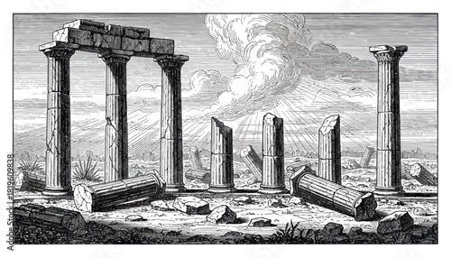 Ancient ruins with broken columns and volcanic eruption in background  