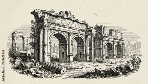 Ancient ruins with arched columns and fallen stone in landscape  