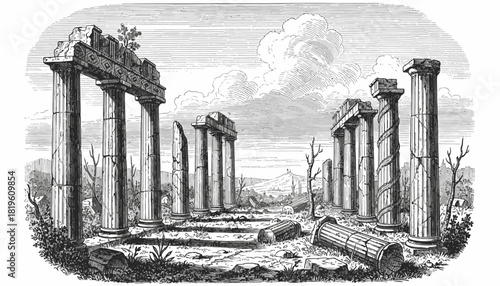 Ancient ruins with pillars and fallen columns under cloudy sky  
