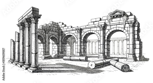 Ancient ruins with columns and arches in detailed sketch style  
