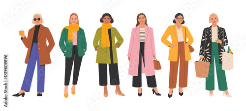 Women Wearing Trendy Winter Clothing in Casual City Street Style Outfits Presented as Hand-Drawn Characters in a Colorful Vector Illustration for Fashion, Lifestyle, and Seasonal Design Projects