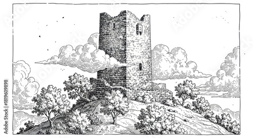 Old stone tower on a hill surrounded by trees and clouds  
